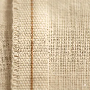 Close-up of woven linen showing the selvedge — the finished edge where the weft threads loop back, with a vertical brown binding cord alongside.