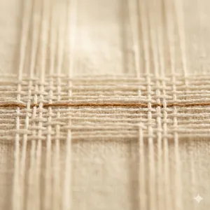 Close-up of woven linen with a warm-brown horizontal thread running across the cream weft, emphasising the threads that travel side-to-side across the loom.
